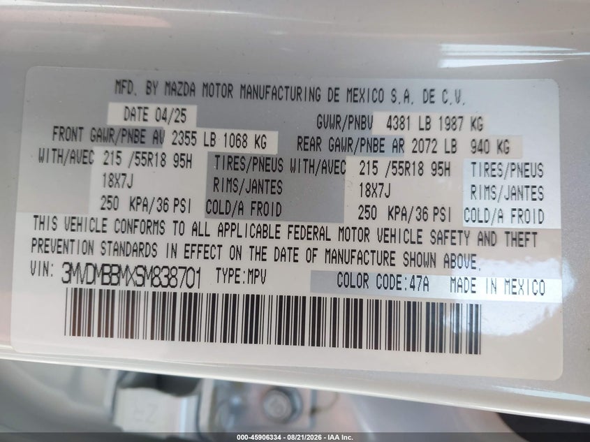 MAZDA CX-30 2025 VIN 3MVDMBBMXSM838701