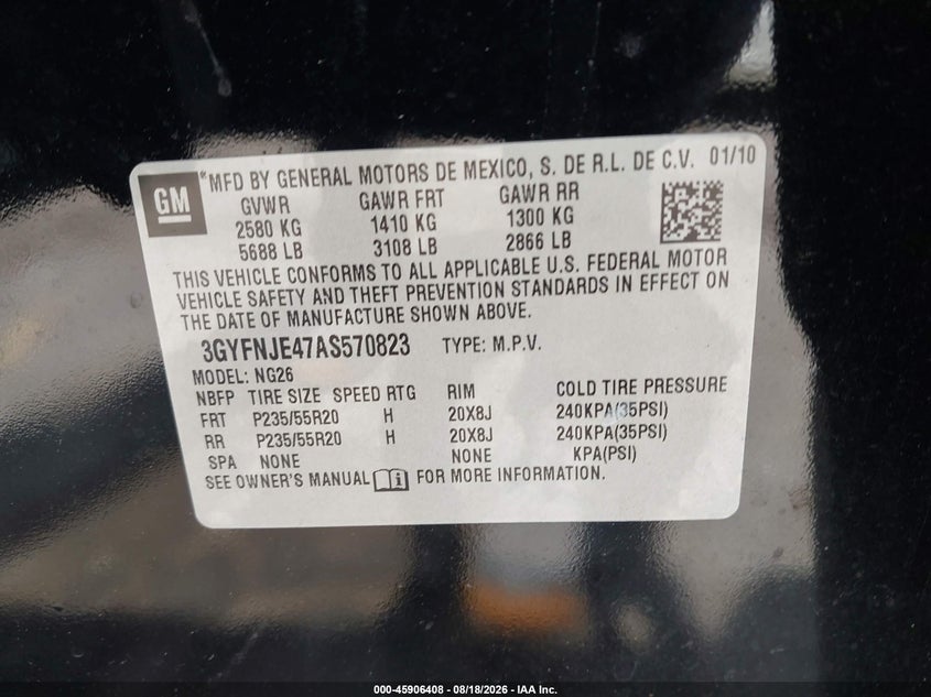 CADILLAC SRX 2010 VIN 3GYFNJE47AS570823