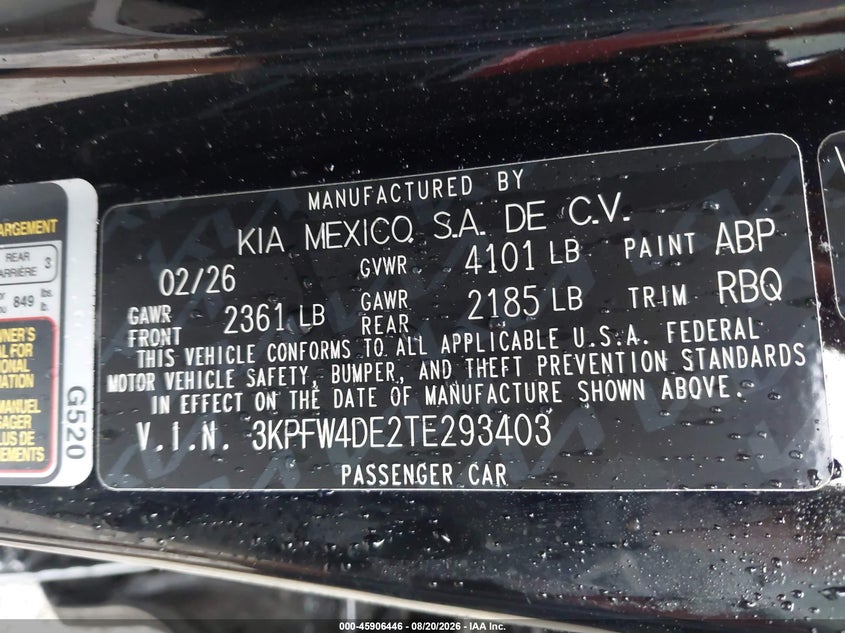 KIA K4 2026 VIN 3KPFW4DE2TE293403