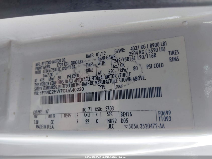FORD E-250 2012 VIN 1FTNE2EW7CDA40220