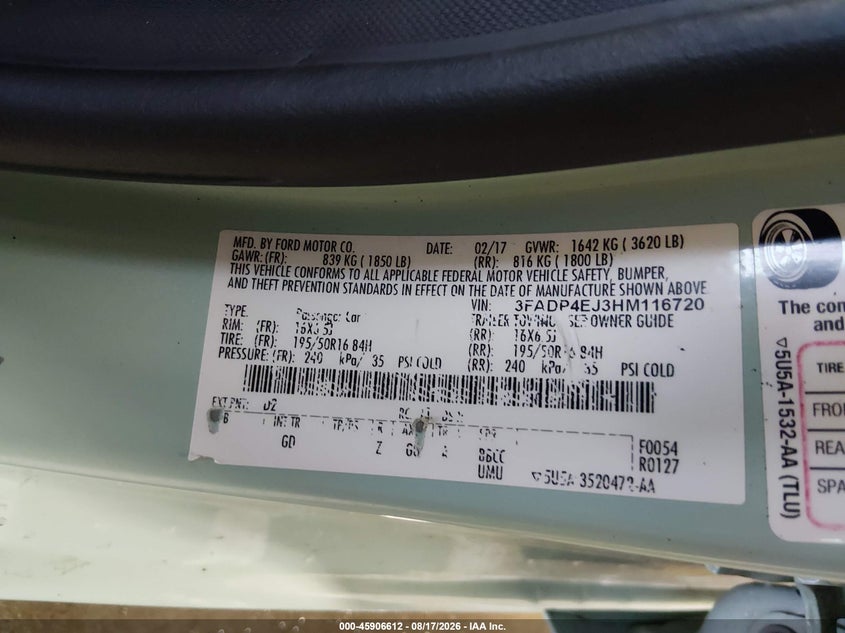 2017 FORD FIESTA HATCHBACK 1.6L I-4 DOHC, VVT, 120HP