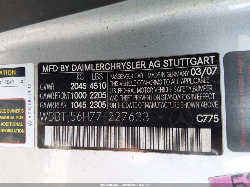 MERCEDES-BENZ CLK 350 2007 VIN WDBTJ56H77F227633