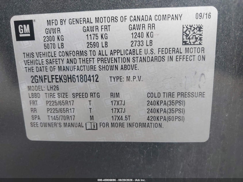 2017 CHEVROLET EQUINOX SPORT UTILITY VEHICLE 2.4L I-4 DI, DOHC, VVT, 182HP