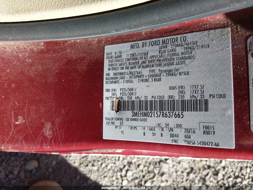 MERCURY MILAN 2007 VIN 3MEHM02157R637665