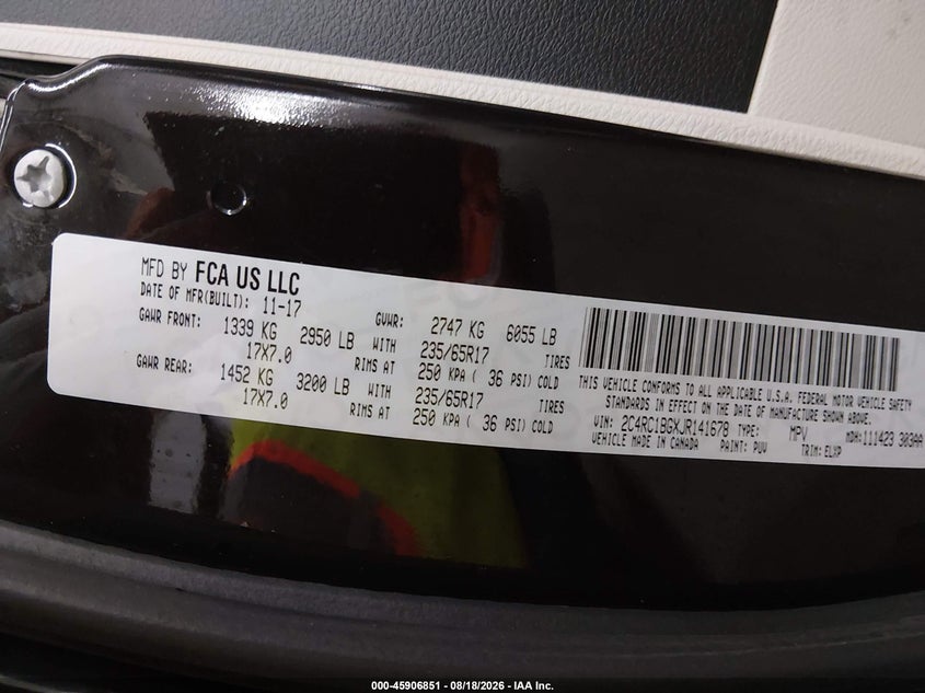 CHRYSLER PACIFICA 2018 VIN 2C4RC1BGXJR141678