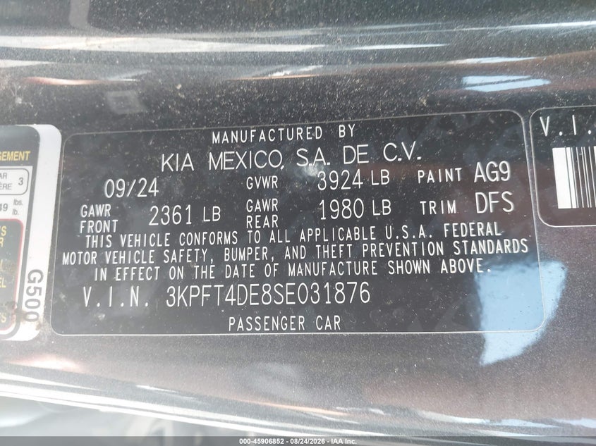 KIA K4 2025 VIN 3KPFT4DE8SE031876