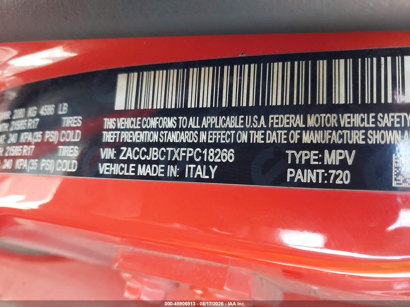 JEEP RENEGADE 2015 VIN ZACCJBCTXFPC18266