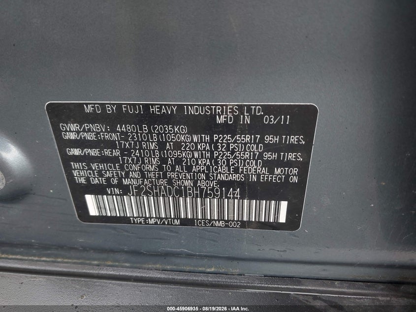 SUBARU FORESTER 2011 VIN JF2SHADC1BH759144