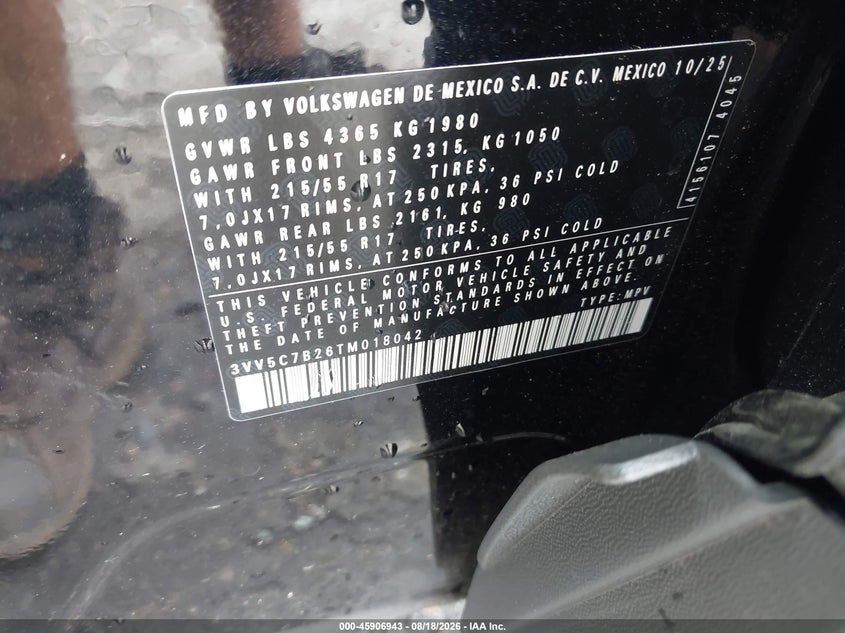 VOLKSWAGEN TAOS 2026 VIN 3VV5C7B26TM018042
