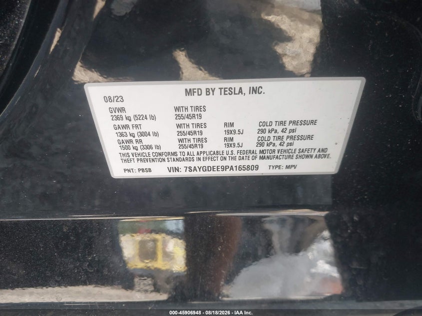 TESLA MODEL Y 2023 VIN 7SAYGDEE9PA165809