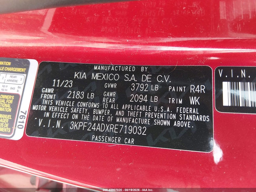 KIA FORTE 2024 VIN 3KPF24ADXRE719032
