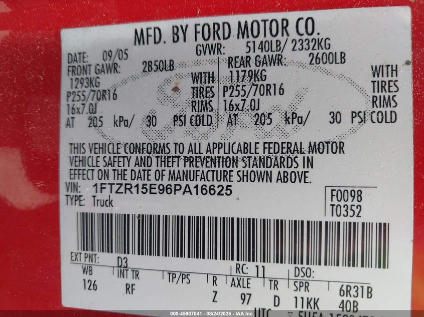 FORD RANGER 2006 VIN 1FTZR15E96PA16625