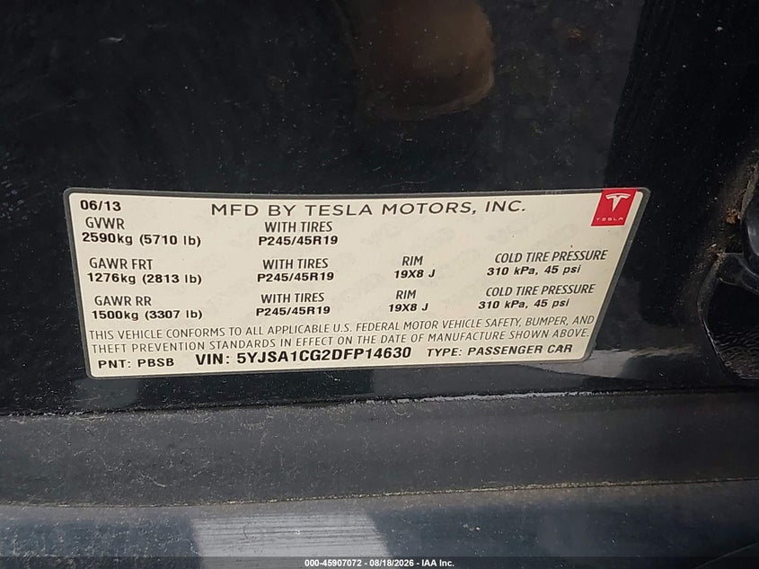 TESLA MODEL S 2013 VIN 5YJSA1CG2DFP14630