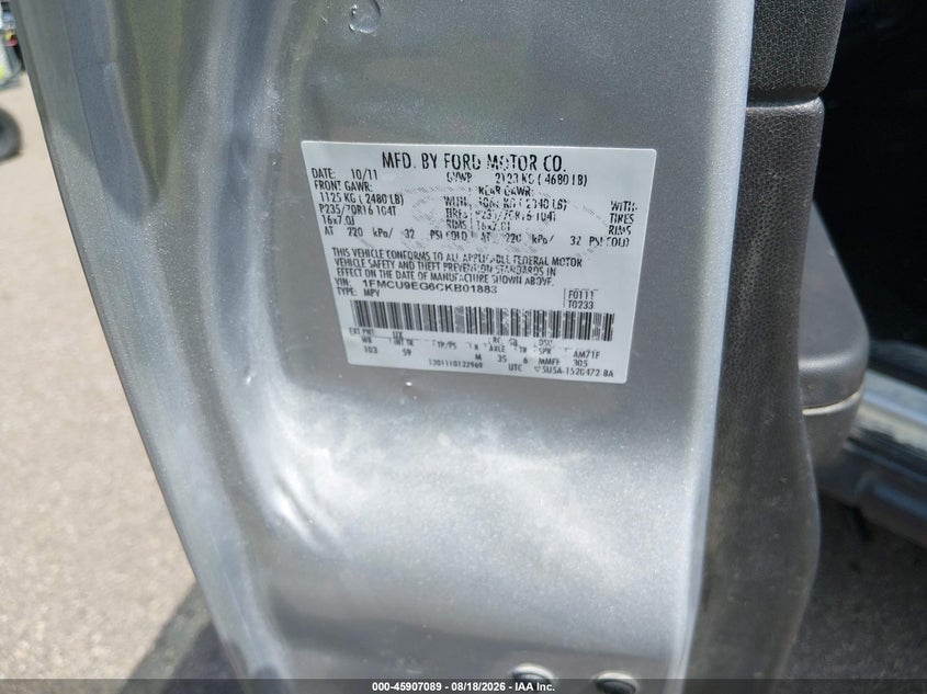 FORD ESCAPE 2012 VIN 1FMCU9EG6CKB01883