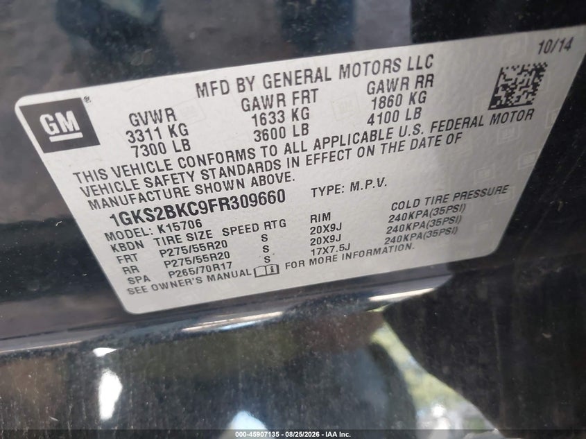 GMC YUKON 2015 VIN 1GKS2BKC9FR309660