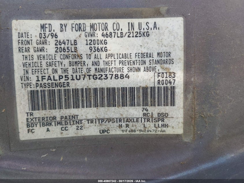 FORD TAURUS 1996 VIN 1FALP51U7TG237884