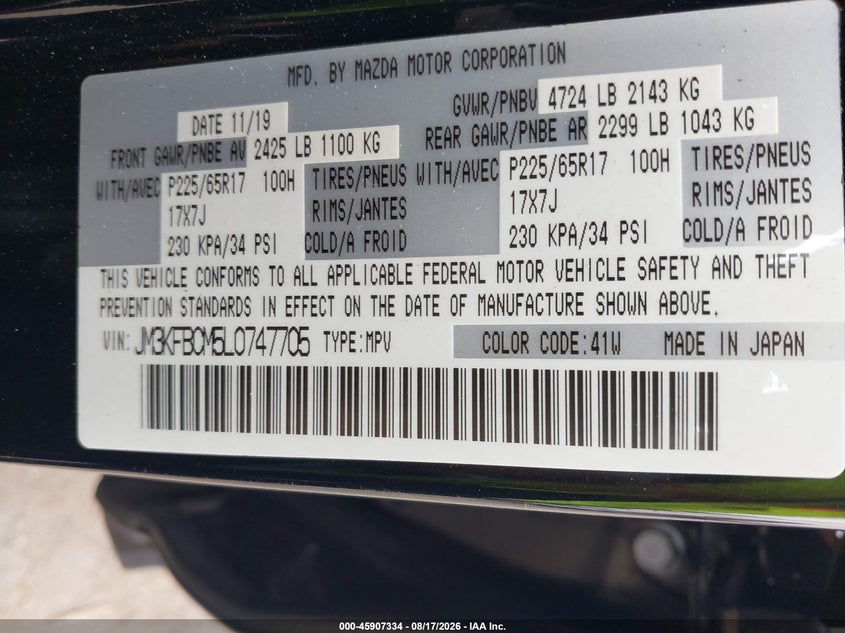 2020 MAZDA CX-5 SPORT UTILITY VEHICLE 2.5L I-4 DI, DOHC, VVT, 187HP