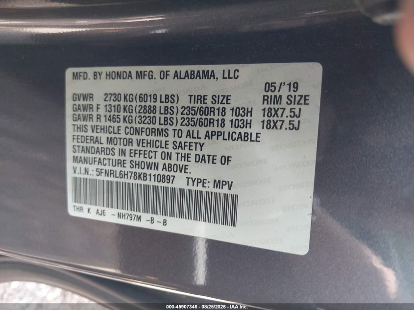HONDA ODYSSEY 2019 VIN 5FNRL6H78KB110897