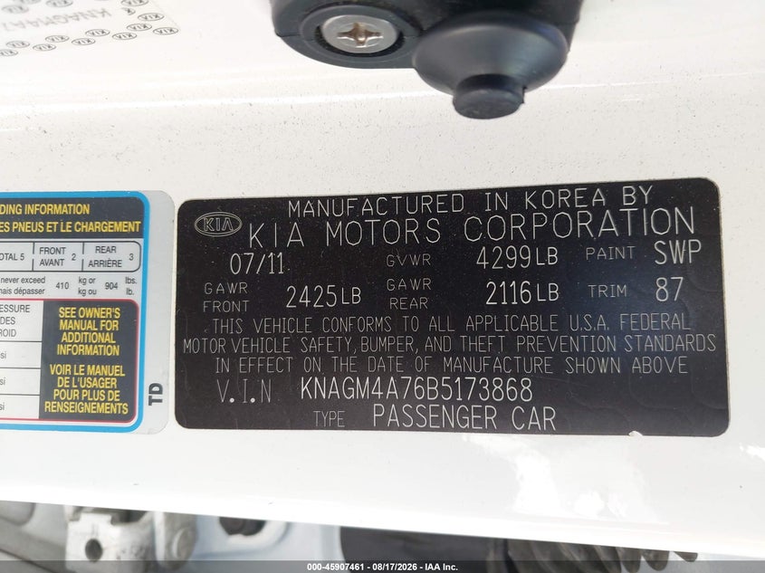 2011 KIA OPTIMA SEDAN 2.4L I-4 DI, DOHC, VVT, 200HP