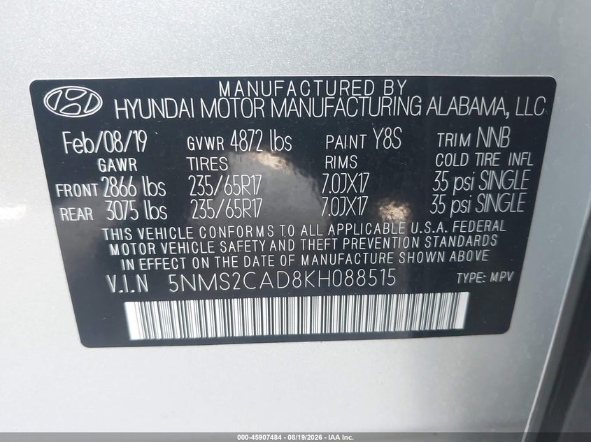 HYUNDAI SANTA FE 2019 VIN 5NMS2CAD8KH088515