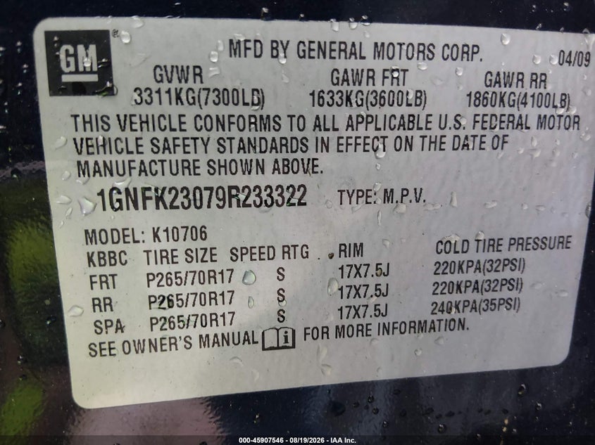 CHEVROLET TAHOE 2009 VIN 1GNFK23079R233322