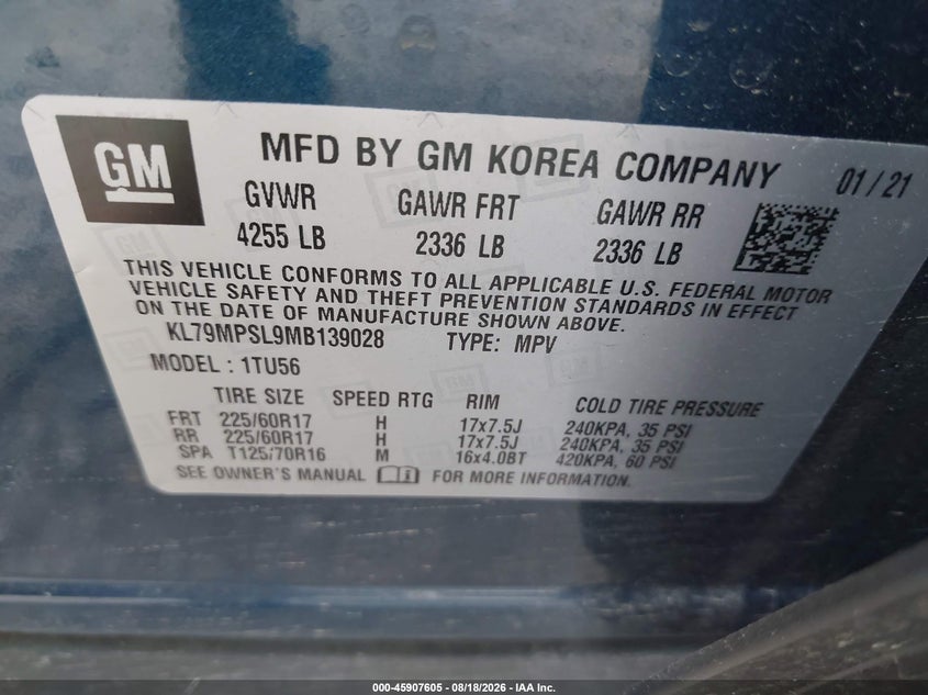 CHEVROLET TRAILBLAZER 2021 VIN KL79MPSL9MB139028