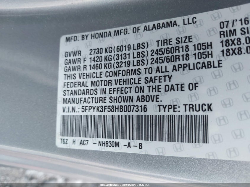 HONDA RIDGELINE 2017 VIN 5FPYK3F58HB007316