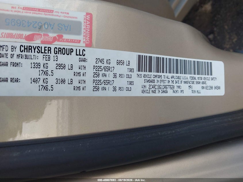 CHRYSLER TOWN & COUNTRY 2013 VIN 2C4RC1BG1DR677620
