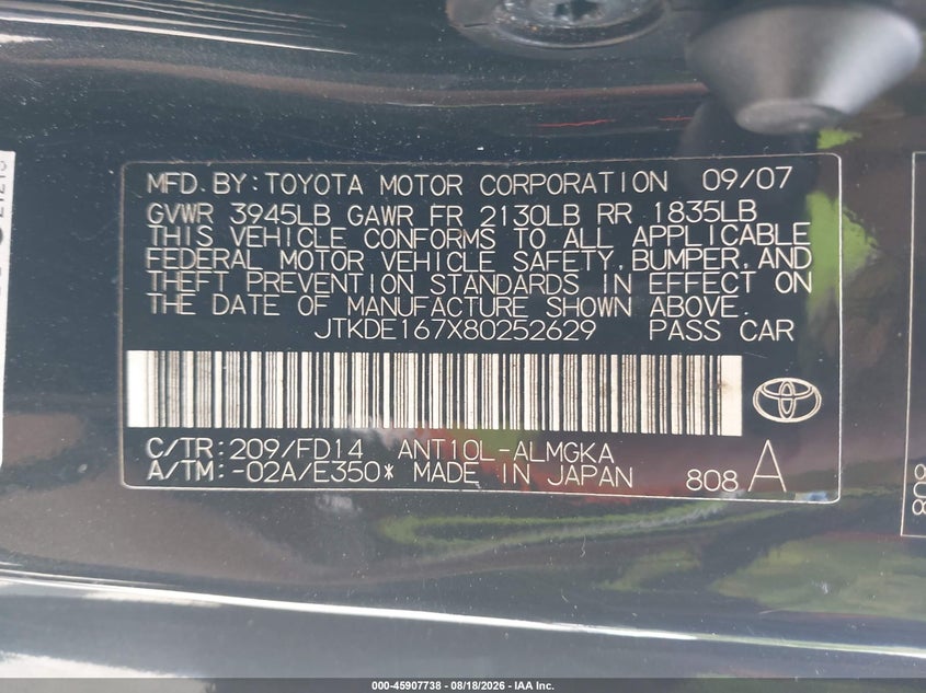 SCION TC 2008 VIN JTKDE167X80252629