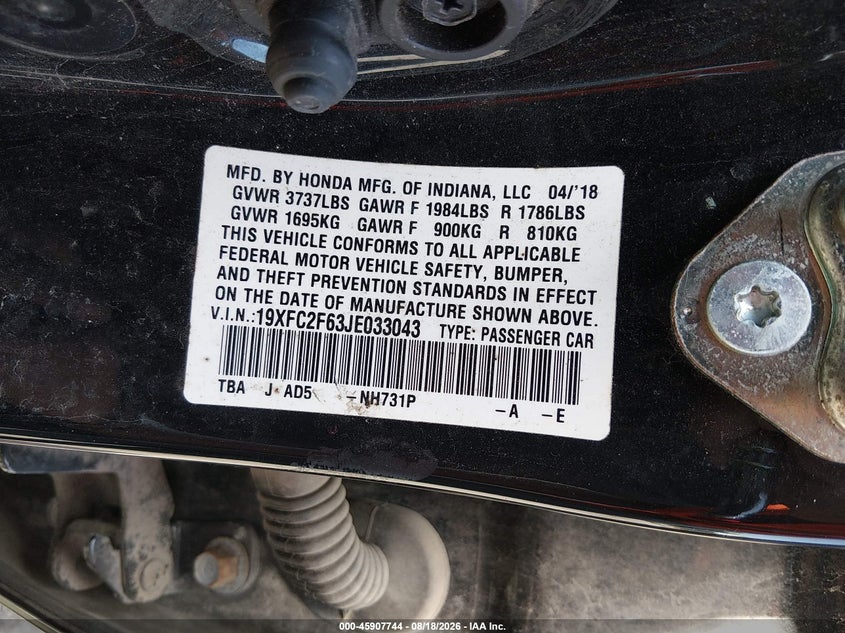 2018 HONDA CIVIC SEDAN 2.0L I-4 DOHC, VVT, 158HP