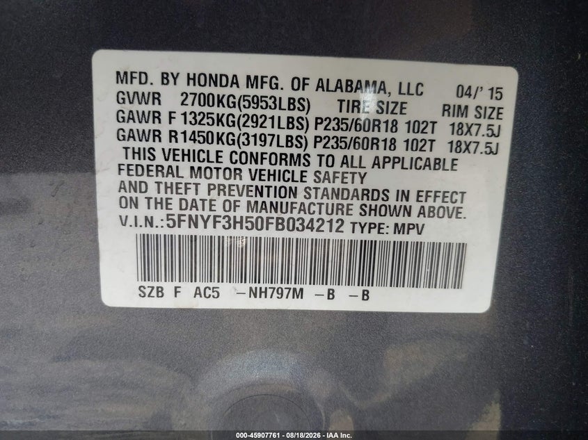 HONDA PILOT 2015 VIN 5FNYF3H50FB034212