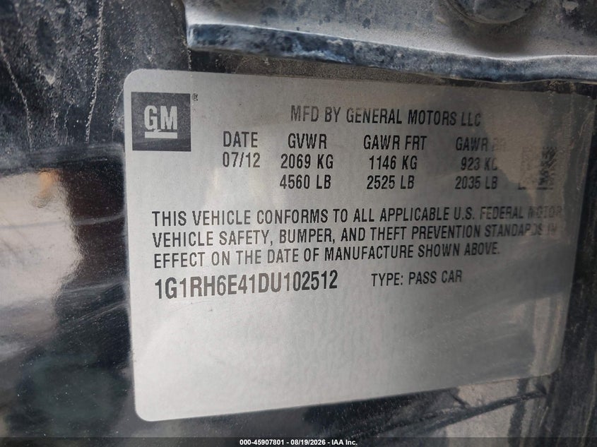 CHEVROLET VOLT 2013 VIN 1G1RH6E41DU102512