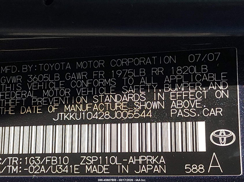 SCION XD 2008 VIN JTKKU10428J005544