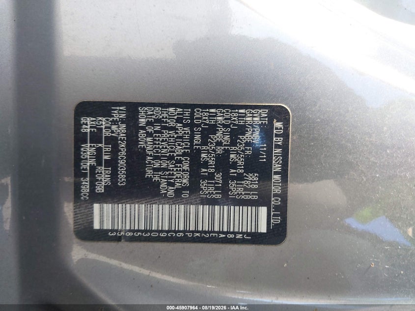 NISSAN QUEST 2012 VIN JN8AE2KP6C9035853