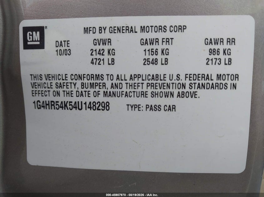 BUICK LESABRE 2004 VIN 1G4HR54K54U148298
