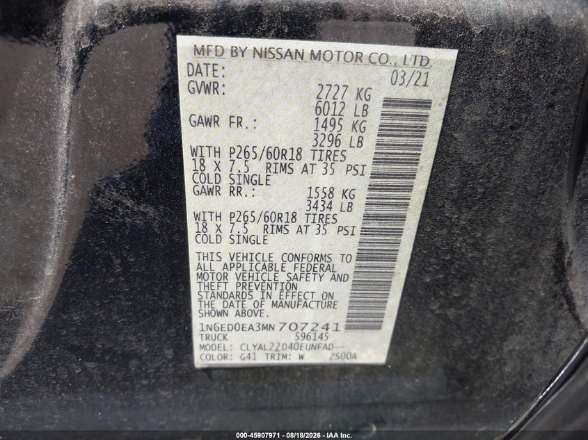 NISSAN FRONTIER 2021 VIN 1N6ED0EA3MN707241