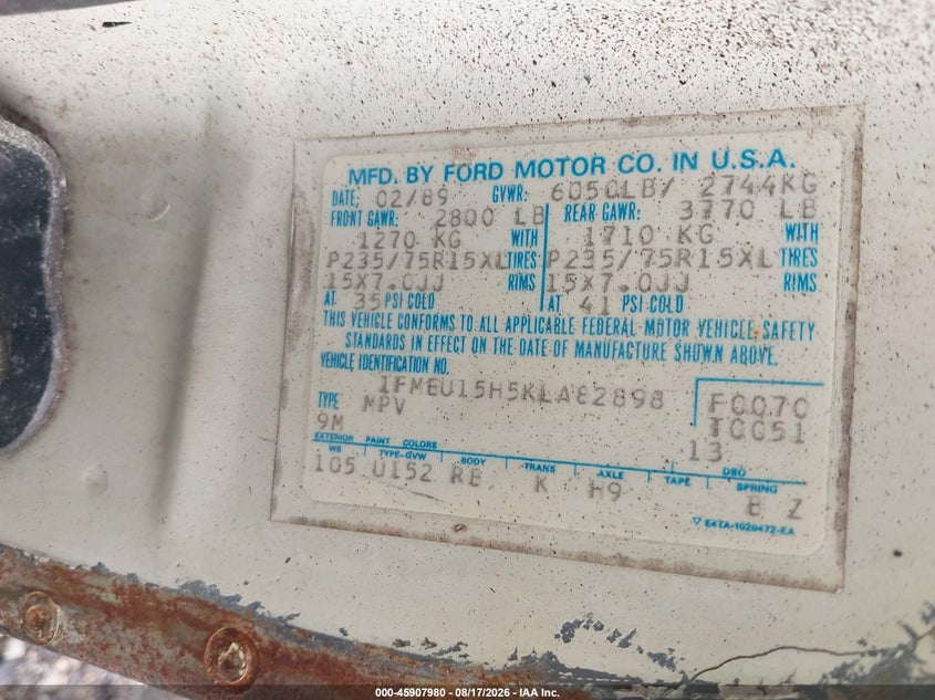 FORD BRONCO 1989 VIN 1FMEU15H5KLA82898