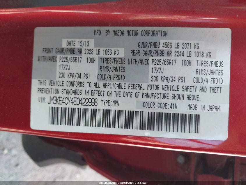 MAZDA CX-5 2014 VIN JM3KE4CY4E0422998