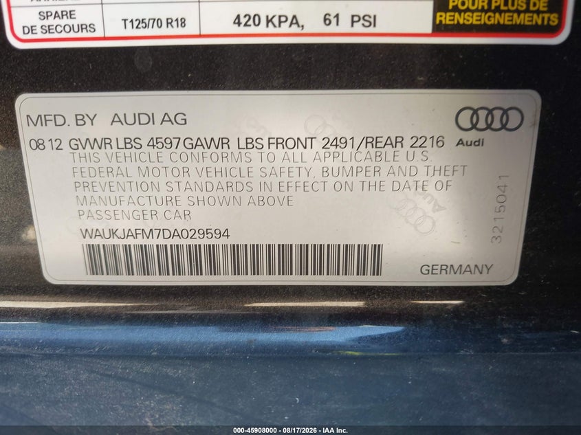 AUDI A3 2013 VIN WAUKJAFM7DA029594