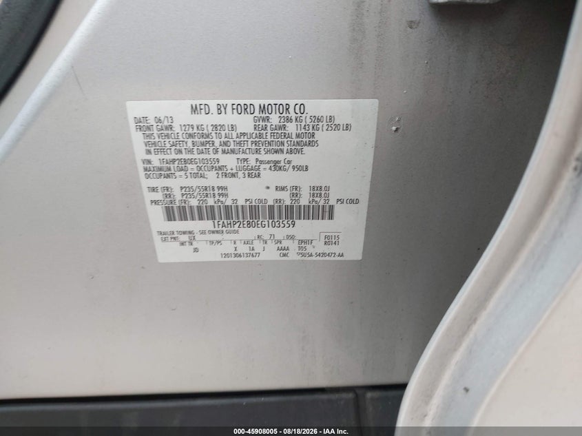 FORD TAURUS 2014 VIN 1FAHP2E80EG103559