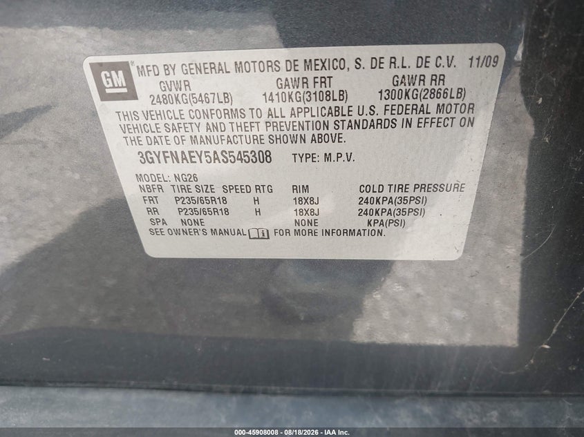 CADILLAC SRX 2010 VIN 3GYFNAEY5AS545308