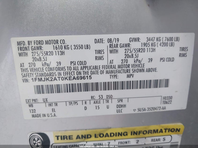 FORD EXPEDITION MAX 2019 VIN 1FMJK2AT0KEA69615