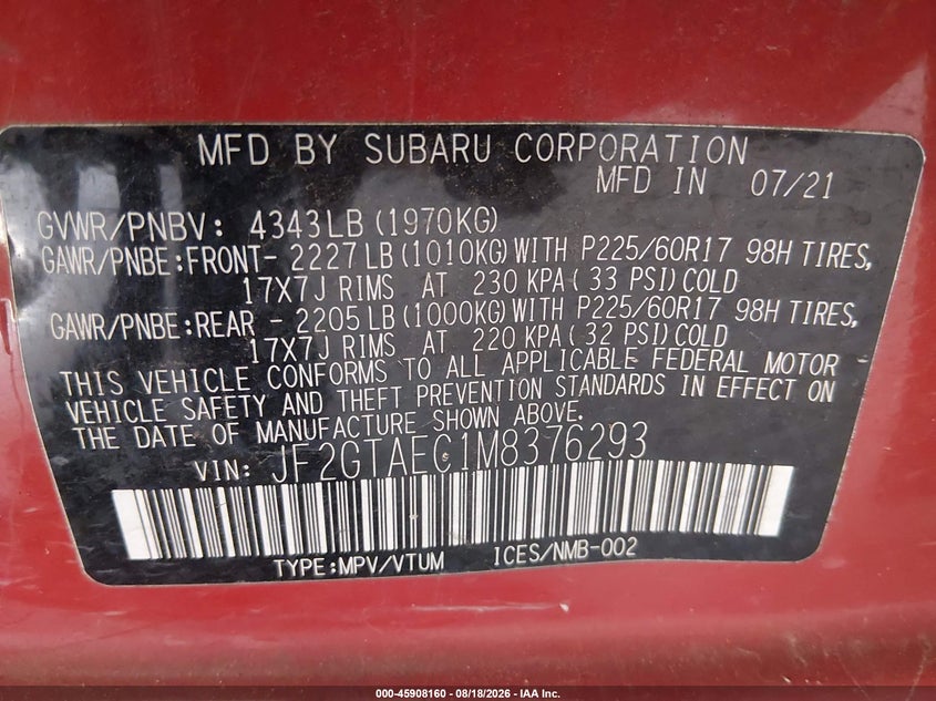 2021 SUBARU XV SPORT UTILITY VEHICLE 2.0L H-4 DI, DOHC, VVT, 152HP