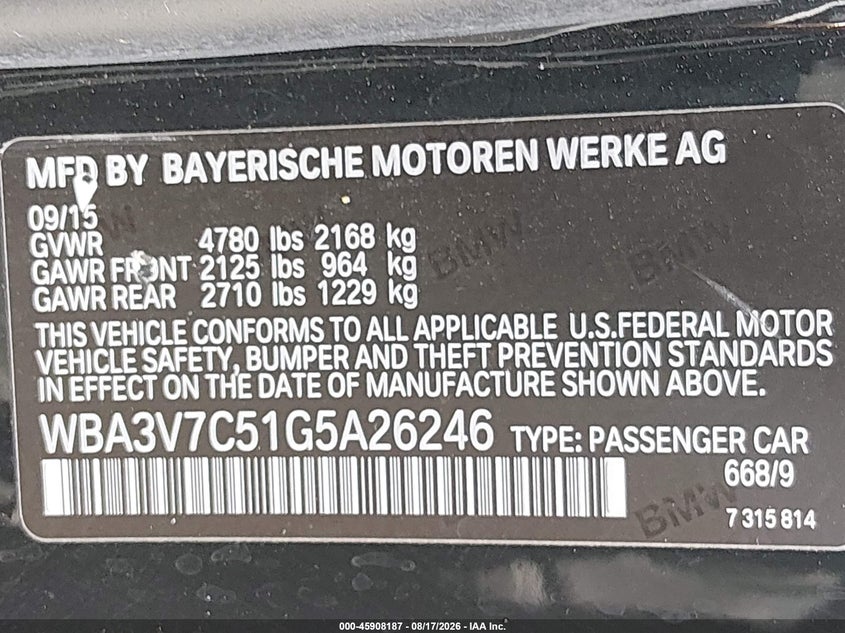 BMW 428I 2016 VIN WBA3V7C51G5A26246