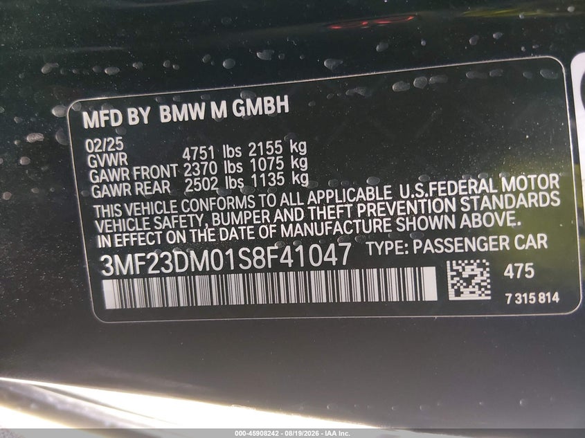 BMW M2 2025 VIN 3MF23DM01S8F41047