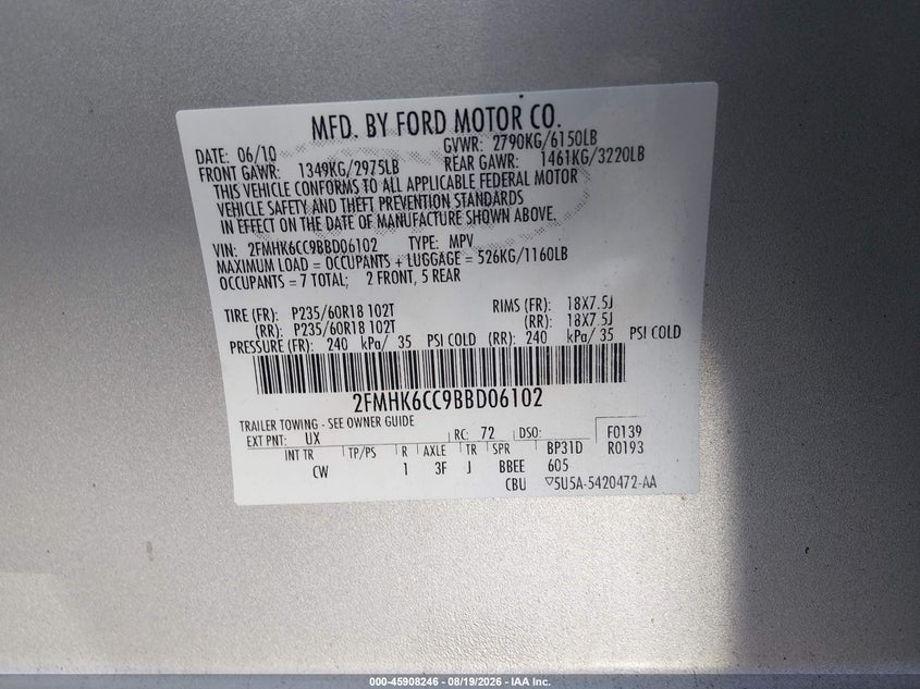FORD FLEX 2011 VIN 2FMHK6CC9BBD06102