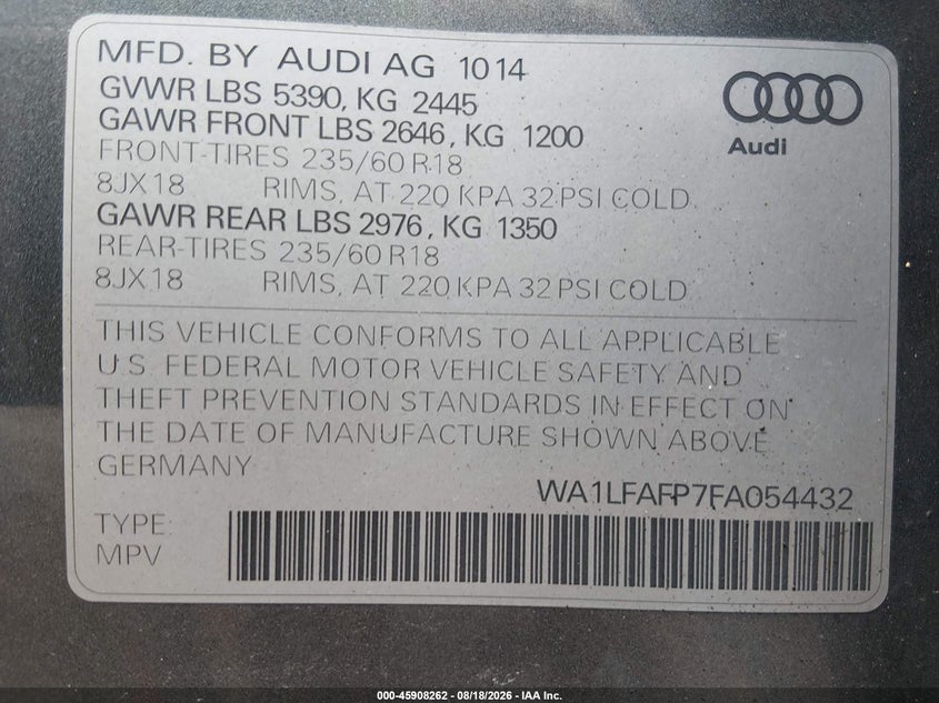 AUDI Q5 2015 VIN WA1LFAFP7FA054432