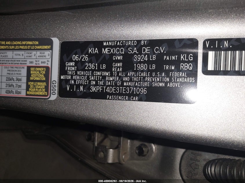 KIA K4 2026 VIN 3KPFT4DE3TE371096
