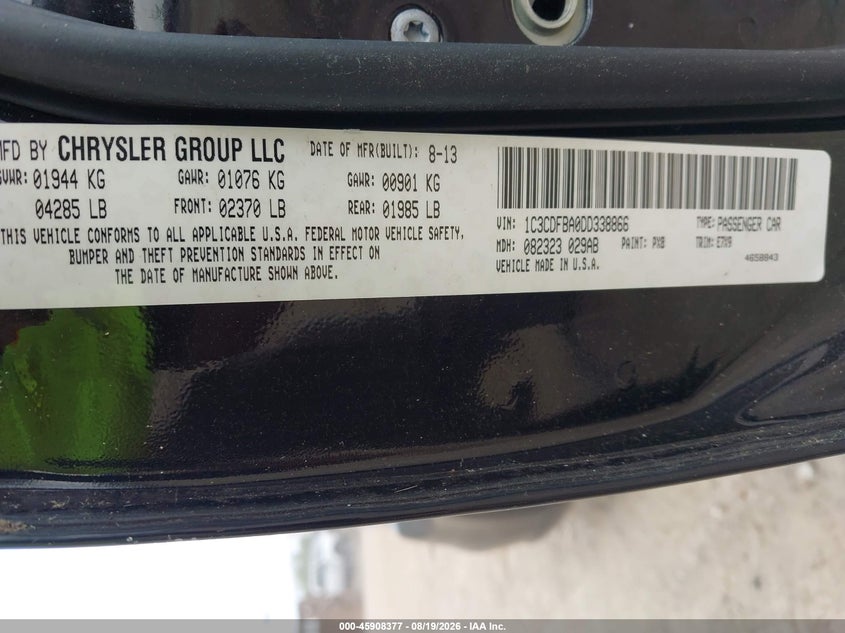 DODGE DART 2013 VIN 1C3CDFBA0DD338866
