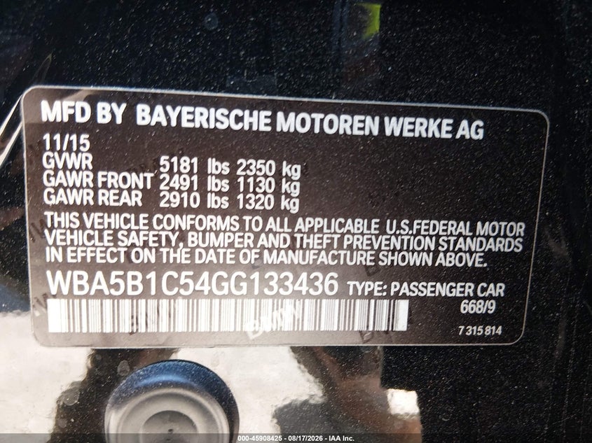 BMW 535I 2016 VIN WBA5B1C54GG133436